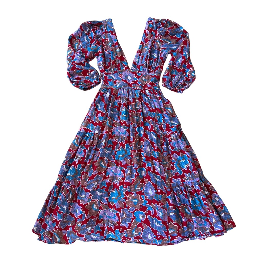 Caroline Constas Red Floral Frenchie Tiered V-Neck Puff Sleeve Midi Dress XS
